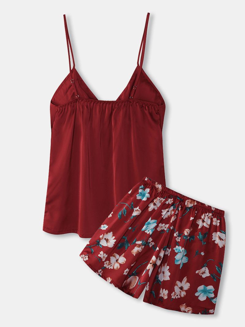 Kvinder Blomsterprint Justerbarei Stropper Glat Hjemmepyjamassæt