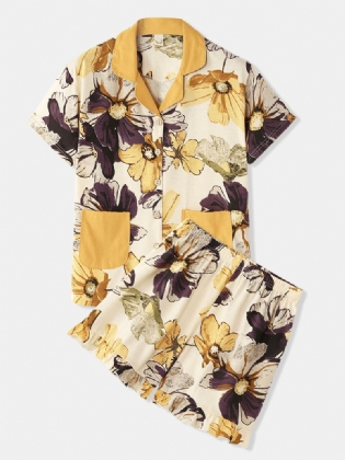 Kvinder Blomsterprint Revere Krave Hjem Glat Kortærmet Pyjamas Sæt