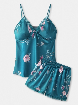 Kvinder Blomsterprint Softies Blonde Trim Glat Hot Hjem Pyjamas Sæt