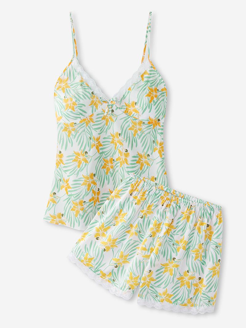 Kvinder Blonder Trim V-hals Blomsterprint Glat Hjem Ærmeløs Pyjamas Sæt