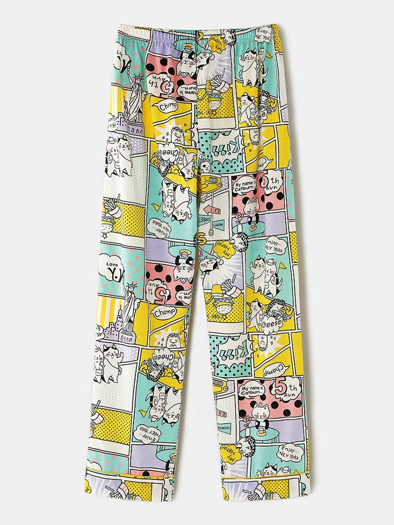 Kvinder Bomuld Tegneserier Med Tryk Camp Krave Langærmet Elastisk Talje Hjem Casual Pyjamas Sæt