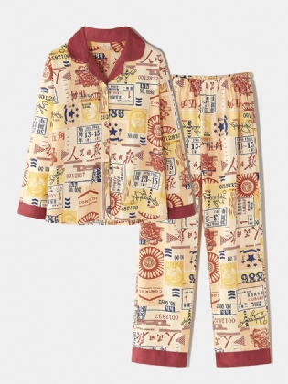 Kvinder Bomuld Vintage Kinesisk Stil Med Tryk Knap Op Langærmet Elastisk Talje Hjem Casual Pyjamas Sæt