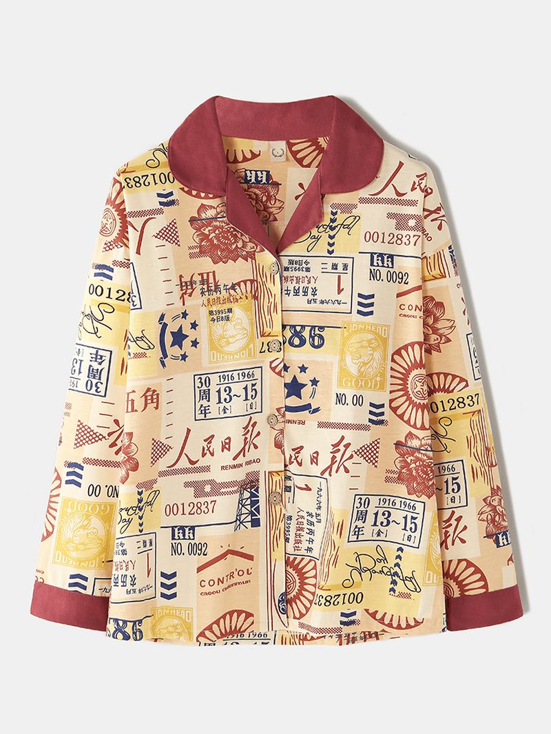 Kvinder Bomuld Vintage Kinesisk Stil Med Tryk Knap Op Langærmet Elastisk Talje Hjem Casual Pyjamas Sæt