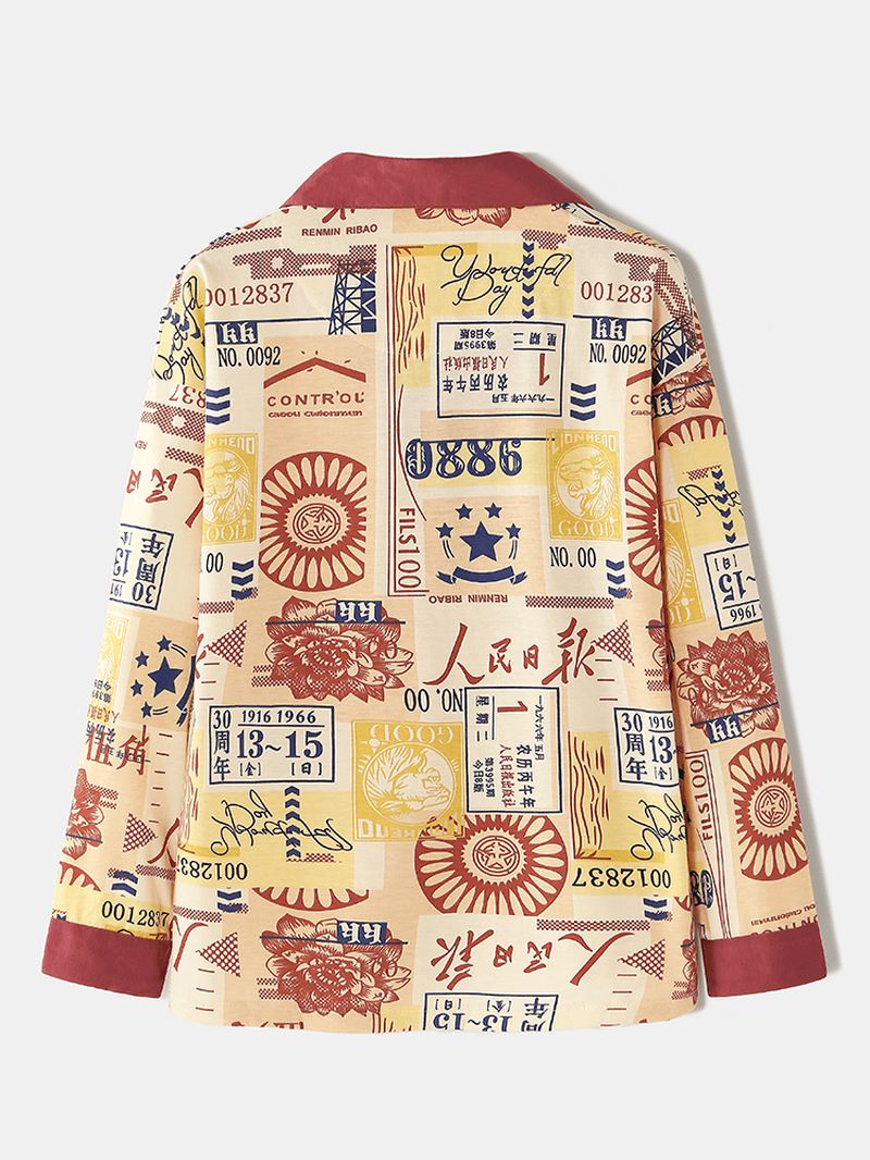 Kvinder Bomuld Vintage Kinesisk Stil Med Tryk Knap Op Langærmet Elastisk Talje Hjem Casual Pyjamas Sæt