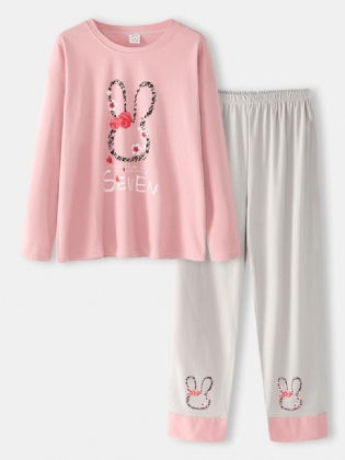 Kvinder Brevtryk Tegneserie Kaninmønster Pullover Lomme Gery Bukser Hjem Sødt Pyjamassæt