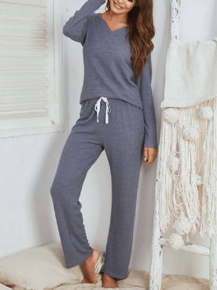 Kvinder Brief Style Solid Color Plus Størrelse V-hals To-piece Home Lounge Pyjamas Sæt