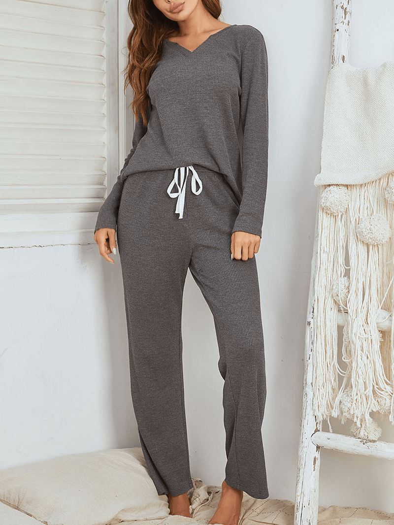 Kvinder Brief Style Solid Color Plus Størrelse V-hals To-piece Home Lounge Pyjamas Sæt