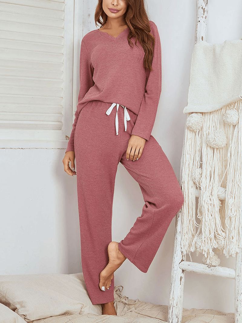 Kvinder Brief Style Solid Color Plus Størrelse V-hals To-piece Home Lounge Pyjamas Sæt