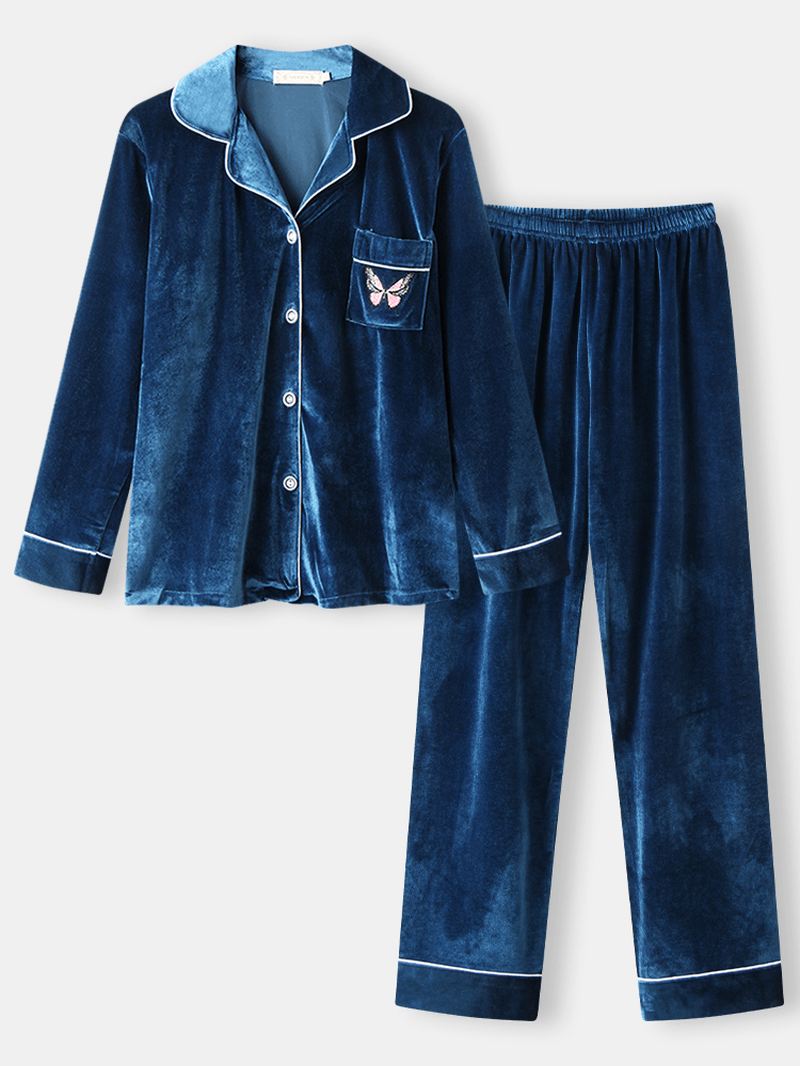 Kvinder Butterfly Broderi Pocket Shirt Velvet Elastic Waist Pant Home Pyjamas