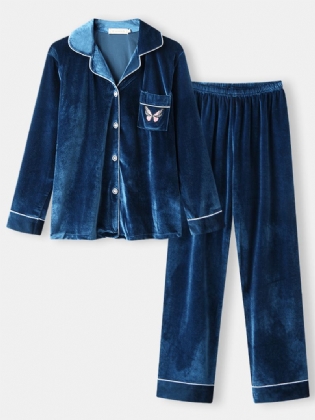 Kvinder Butterfly Broderi Pocket Shirt Velvet Elastic Waist Pant Home Pyjamas