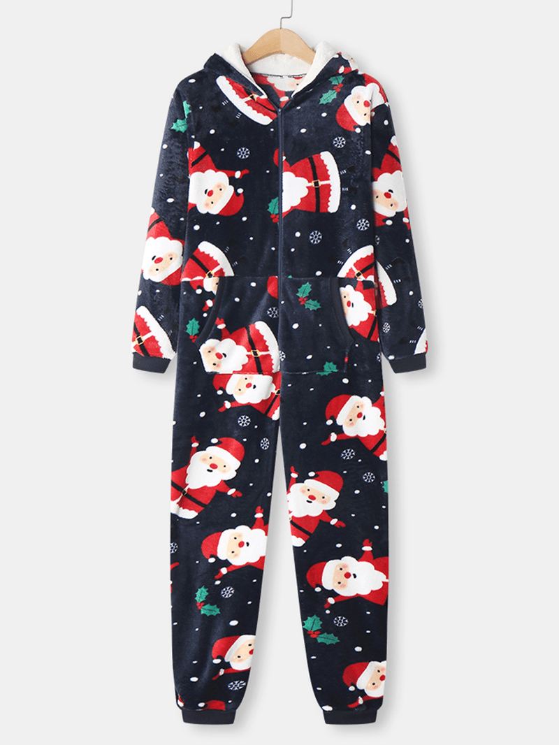 Kvinder Christmas Santa Claus Med Tryk Flannel Ear Design Hooded Onesies Langærmet Pyjamas