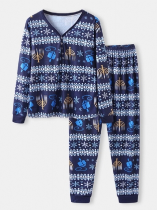 Kvinder Christmas Style Med Tryk V-hals Langærmet Pullover Løse Bukser To Stykke Pyjamas Sæt