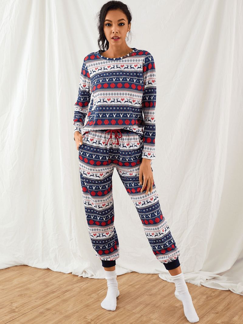 Kvinder Christmas Tegneserie Vintage Med Tryk Langærmet Pullover Snøre Jogger Bukser Hjem Pyjamas Sæt