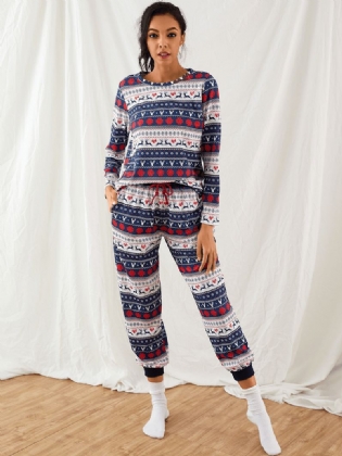 Kvinder Christmas Tegneserie Vintage Med Tryk Langærmet Pullover Snøre Jogger Bukser Hjem Pyjamas Sæt