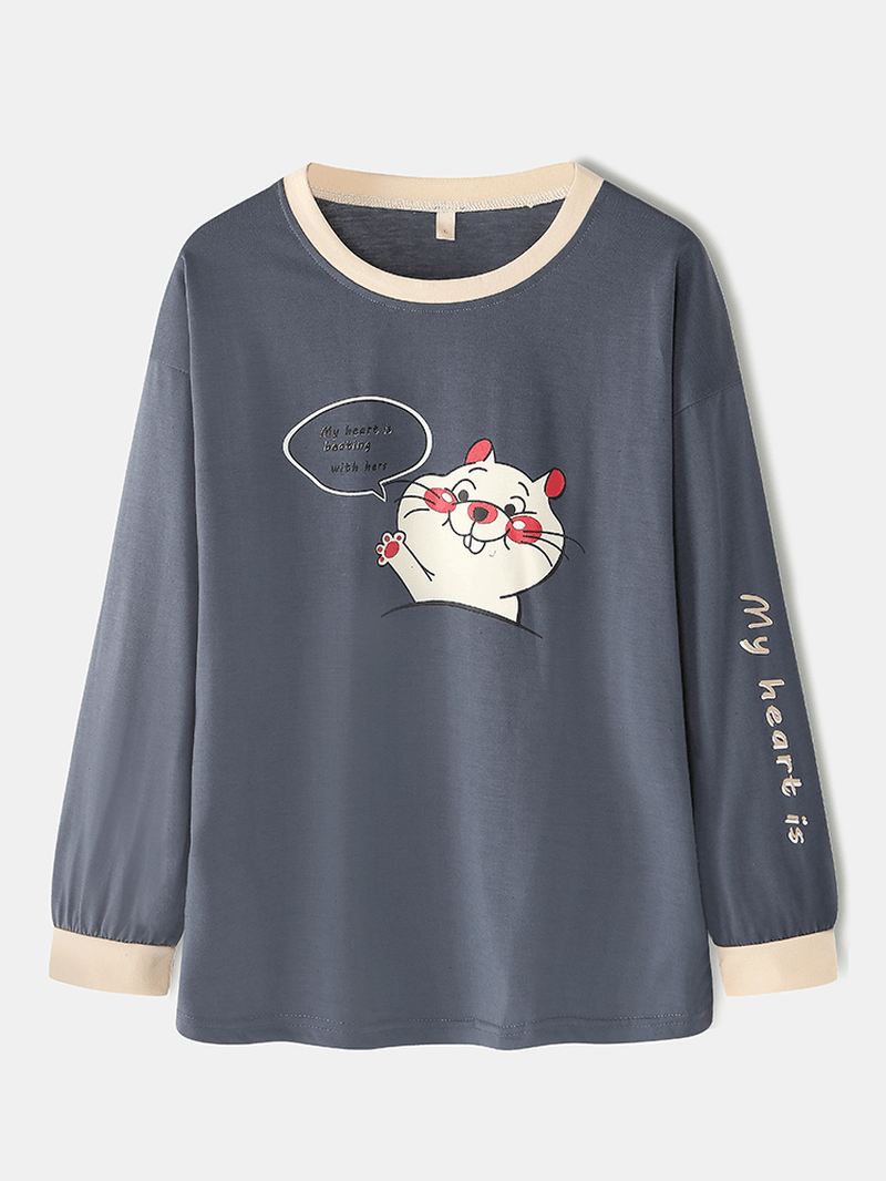 Kvinder Cute Tegneserie Rat Med Tryk Løs Rund Hals Joggingbukser Hjemmepyjamas