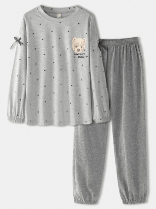 Kvinder Dukke Bjørnemønster Polka Dot Med Tryk Langærmede Sweatshirts Elastiske Taljebukser Hjemmepyjamassæt
