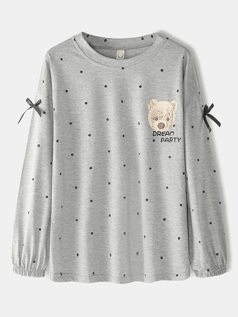 Kvinder Dukke Bjørnemønster Polka Dot Med Tryk Langærmede Sweatshirts Elastiske Taljebukser Hjemmepyjamassæt