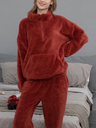 Kvinder Ensfarvet Plys Fluffy Kangaroo Pocket Pullover Joggerbukser Hjem Pyjamas Sæt