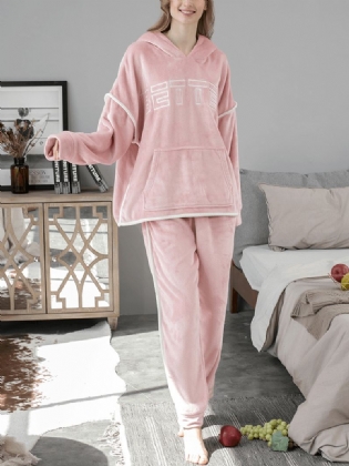 Kvinder Flannel Brevbroderi Tykke Hættetrøje Elastisk Talje Løse Bukser Hjemmepyjamassæt