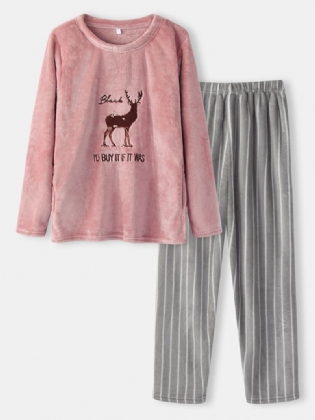 Kvinder Flannel Tyk Hjortebroderi O-hals Stribede Bukser Hjem Casual Varme Pyjamassæt