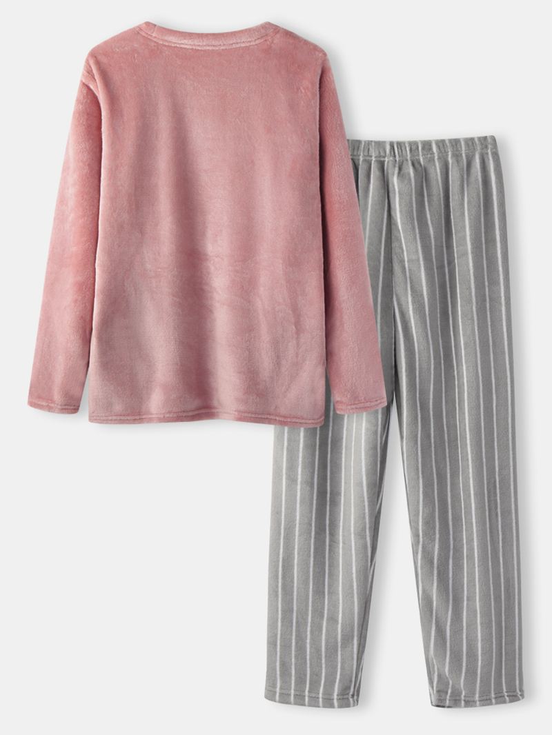 Kvinder Flannel Tyk Hjortebroderi O-hals Stribede Bukser Hjem Casual Varme Pyjamassæt