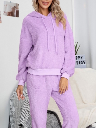 Kvinder Fleece Tyk Ensfarvet Pullover Hættetrøje Joggerbukser Hjem Casual Pyjamas Sæt