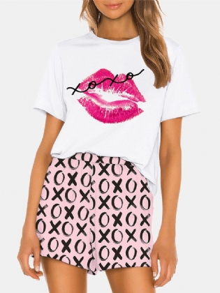Kvinder Funny Kiss Letter Med Tryk Løs Med Tryk Løs Åndbar Pyjamassæt