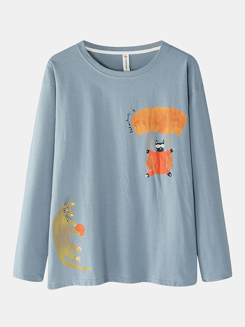 Kvinder Funny Tegneserie Kat Med Tryk Rund Hals Pullover Elastisk Talje Hjem Bomuld Pyjamas Sæt