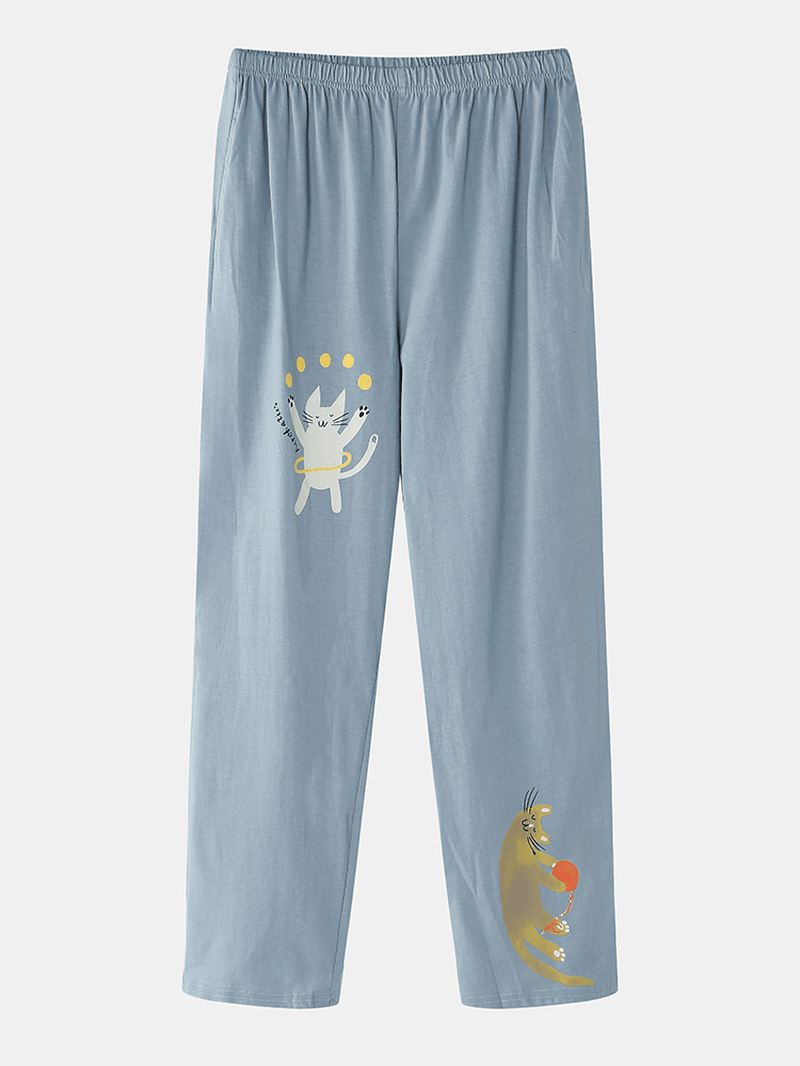 Kvinder Funny Tegneserie Kat Med Tryk Rund Hals Pullover Elastisk Talje Hjem Bomuld Pyjamas Sæt