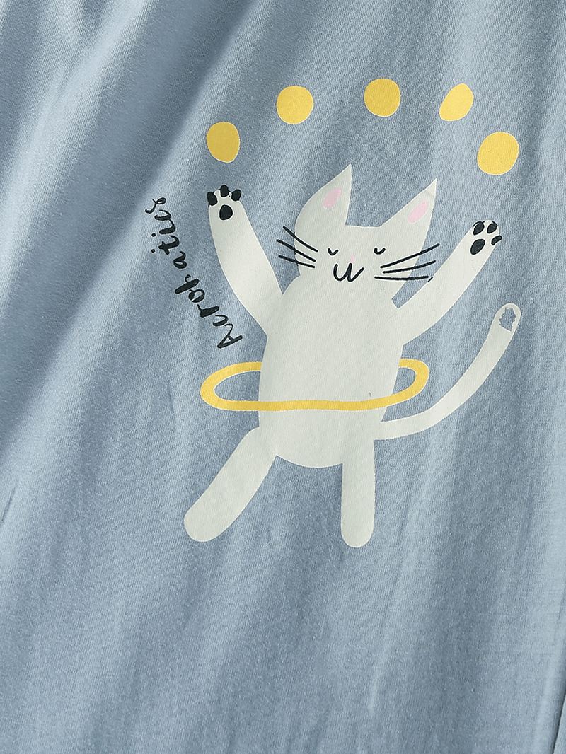 Kvinder Funny Tegneserie Kat Med Tryk Rund Hals Pullover Elastisk Talje Hjem Bomuld Pyjamas Sæt