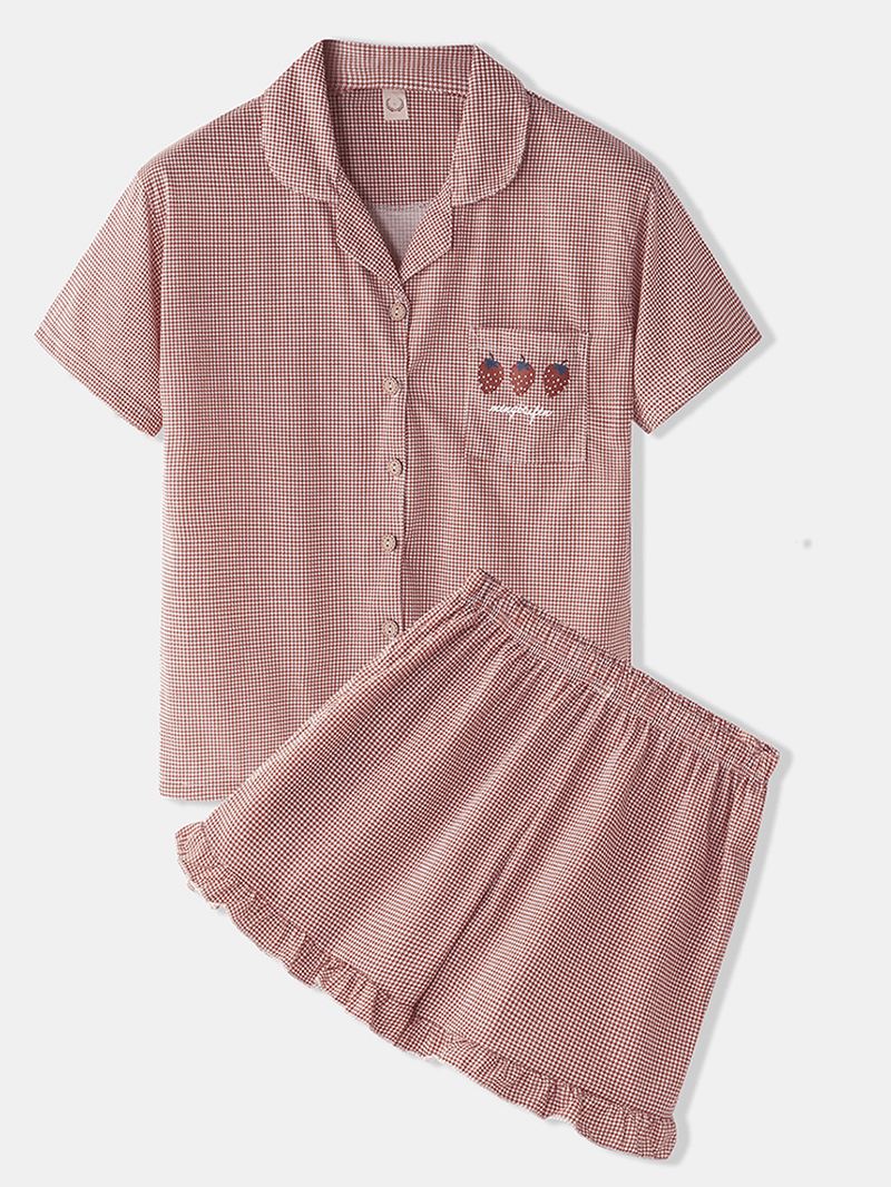 Kvinder Houndstooth Med Tryk Revere Krave Button Up Home Pyjamas Sæt