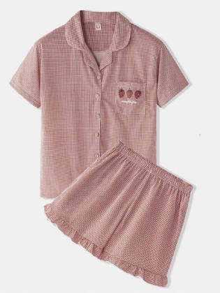 Kvinder Houndstooth Med Tryk Revere Krave Button Up Home Pyjamas Sæt