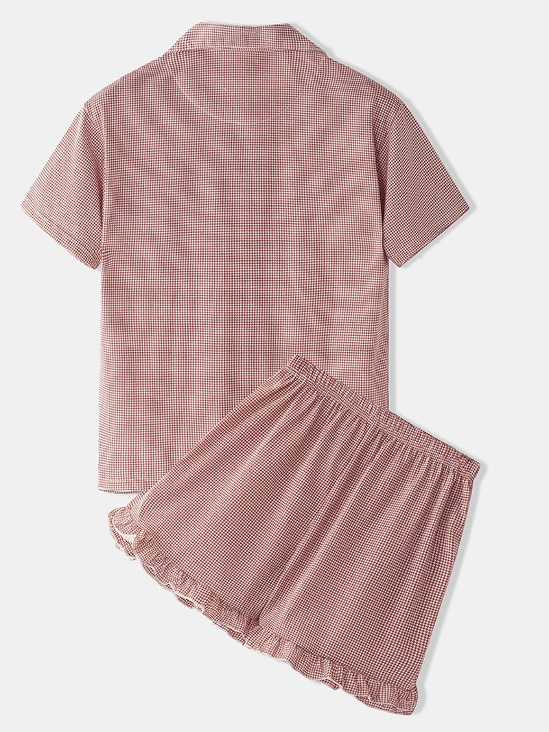 Kvinder Houndstooth Med Tryk Revere Krave Button Up Home Pyjamas Sæt