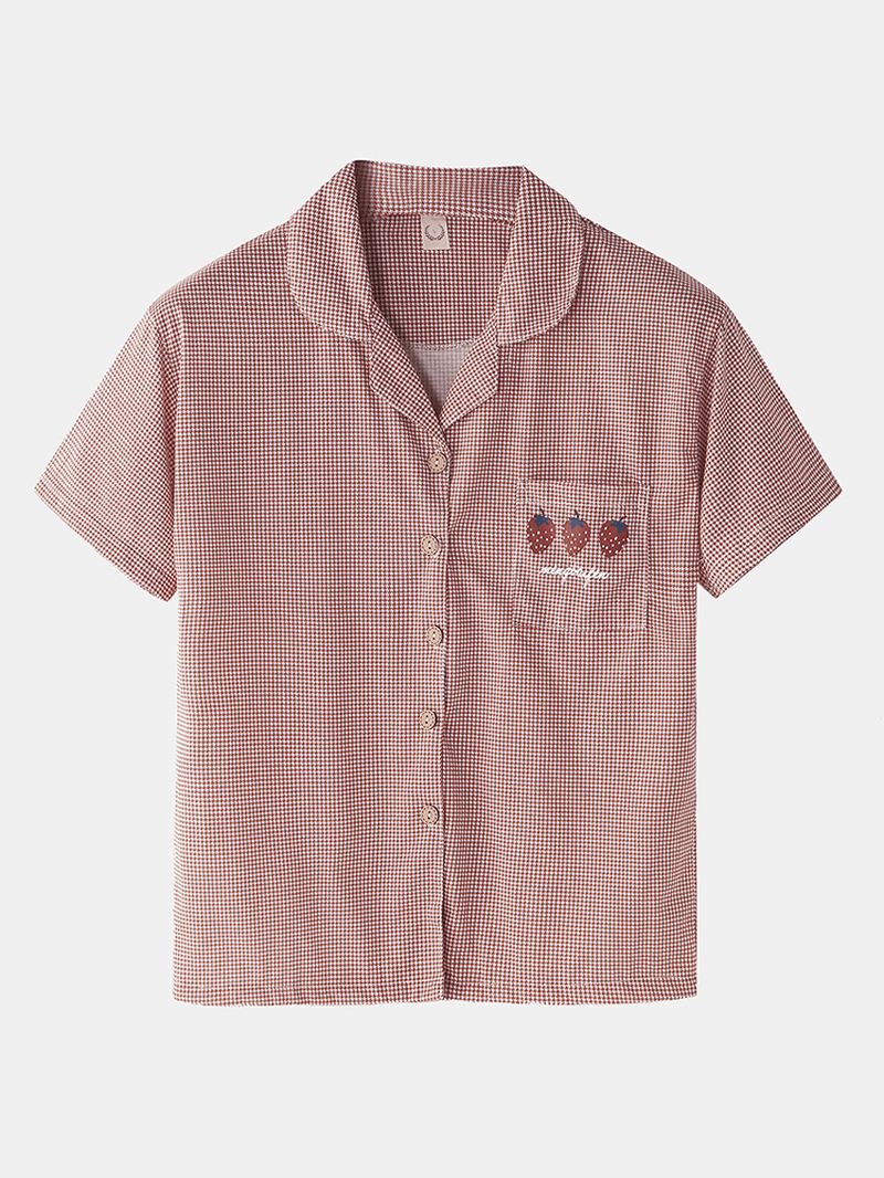 Kvinder Houndstooth Med Tryk Revere Krave Button Up Home Pyjamas Sæt