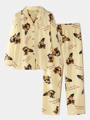 Kvinder Hundemønster Slogan Med Tryk Langærmet Lomme Hjem Langærmet Bomuld Pyjamassæt