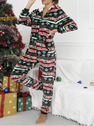 Kvinder Jul Flannel Trykt Lynlås Øre Detalje Langærmet Onesies Hættepyjamas