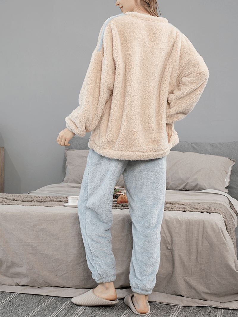 Kvinder Kontrast Dobbelt Plys Varm Rund Hals Elastisk Manchet Pyjamas Sæt Med Tørklæde