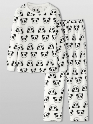 Kvinder Overalt Tegneserie Panda Langærmet Plys Varmt Hjemmepyjamassæt