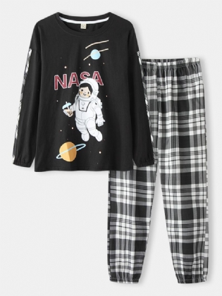 Kvinder Pige Astronaut Med Tryk Rund Hals Bomuld Cuffed Pyjamas Sæt Med Plaid Bukser