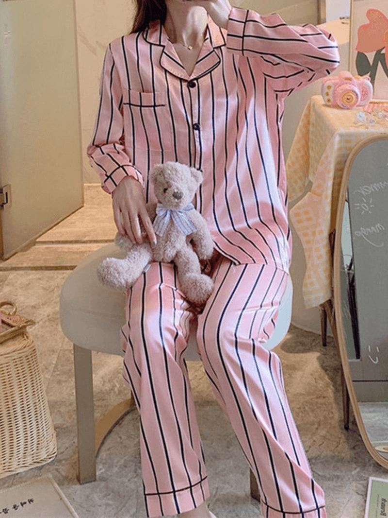 Kvinder Pink Stripe Med Tryk Camp Krave Langærmet Hjem Casual Faux Silk Pyjamas Sæt