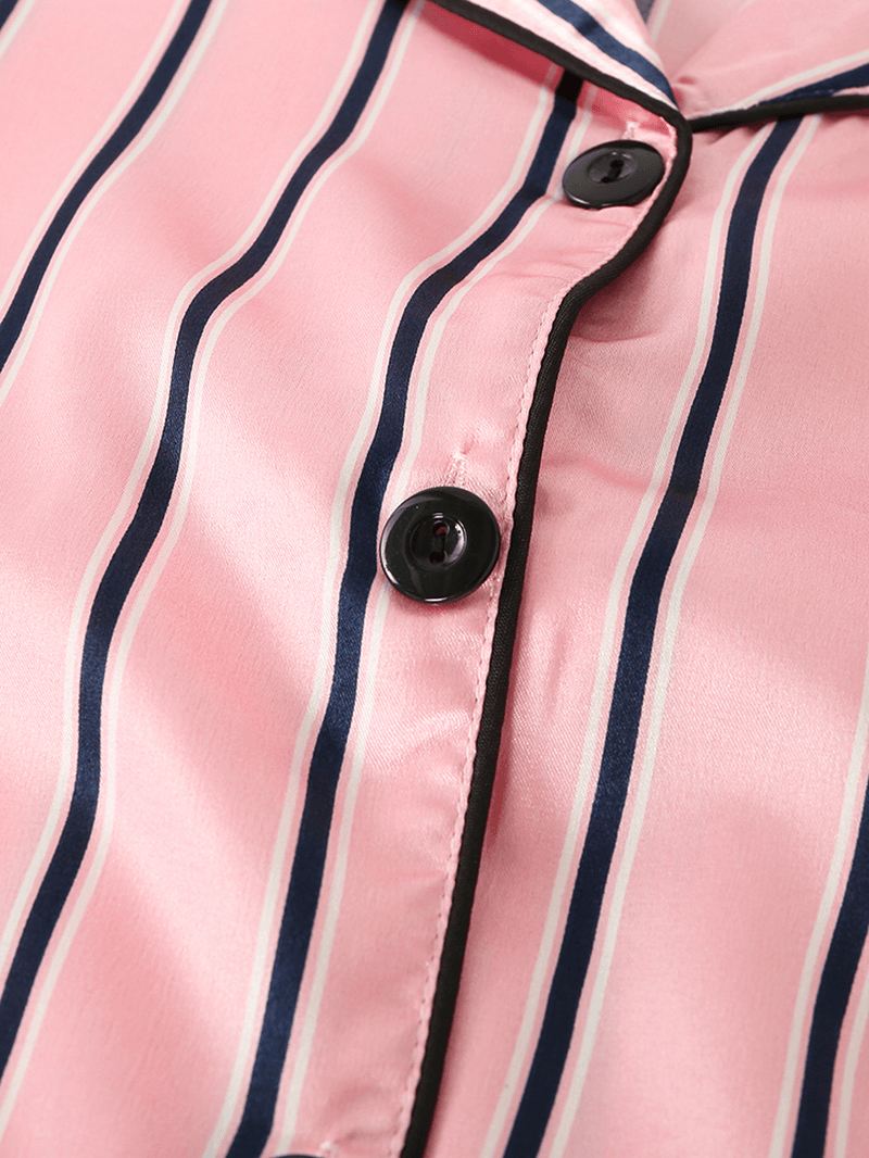 Kvinder Pink Stripe Med Tryk Camp Krave Langærmet Hjem Casual Faux Silk Pyjamas Sæt