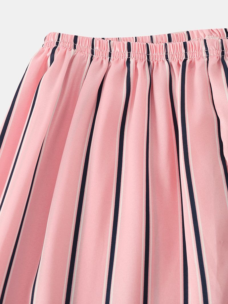 Kvinder Pink Stripe Med Tryk Camp Krave Langærmet Hjem Casual Faux Silk Pyjamas Sæt