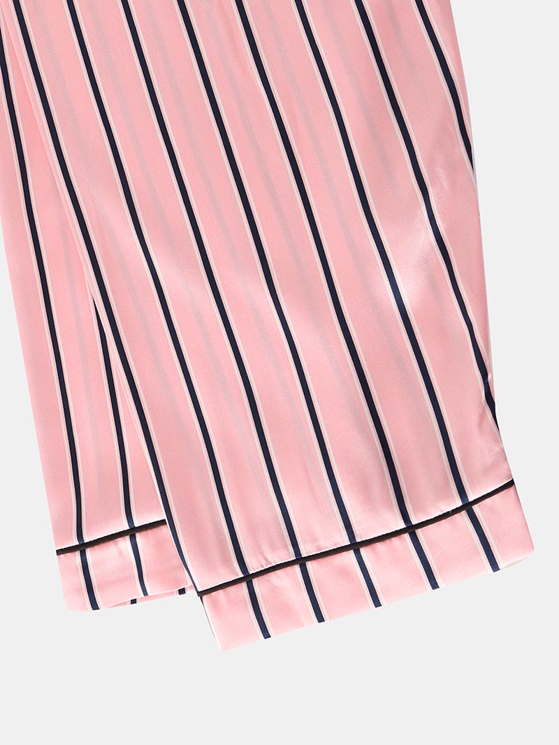 Kvinder Pink Stripe Med Tryk Camp Krave Langærmet Hjem Casual Faux Silk Pyjamas Sæt