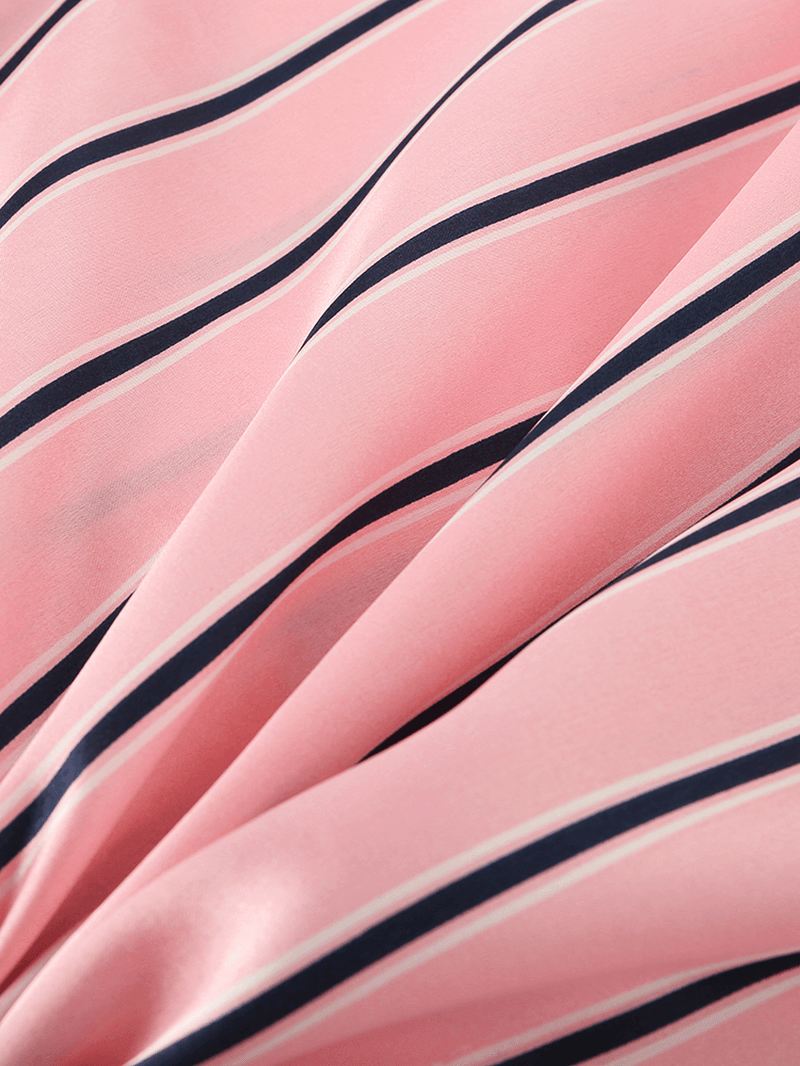 Kvinder Pink Stripe Med Tryk Camp Krave Langærmet Hjem Casual Faux Silk Pyjamas Sæt