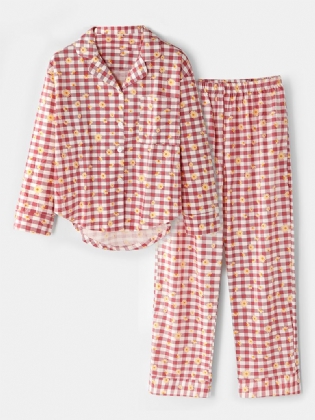 Kvinder Plaid Blomsterprint Revere Krave Skjorte Elastisk Talje Løs Lommebukser Pyjamas Sæt