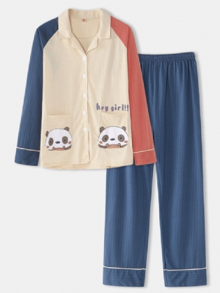 Kvinder Plus Størrelse Cute Panda Med Tryk Kontrast Raglan Sleeve Cotton Lounge Home Pyjamas Sæt