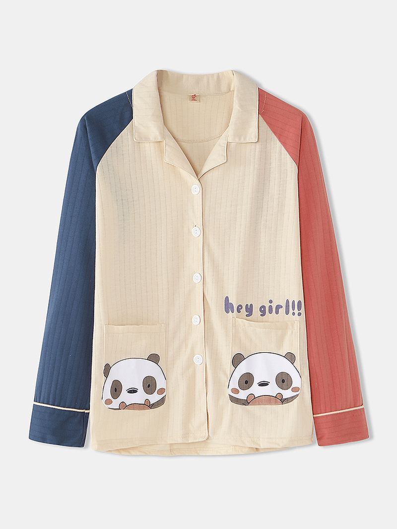 Kvinder Plus Størrelse Cute Panda Med Tryk Kontrast Raglan Sleeve Cotton Lounge Home Pyjamas Sæt