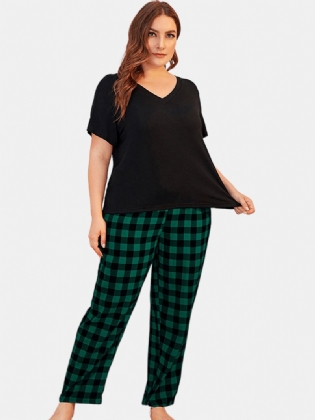 Kvinder Plus Størrelse Loungewear Kortærmede Toppe Med Stribede Bukser Casual Pyjamas Sæt