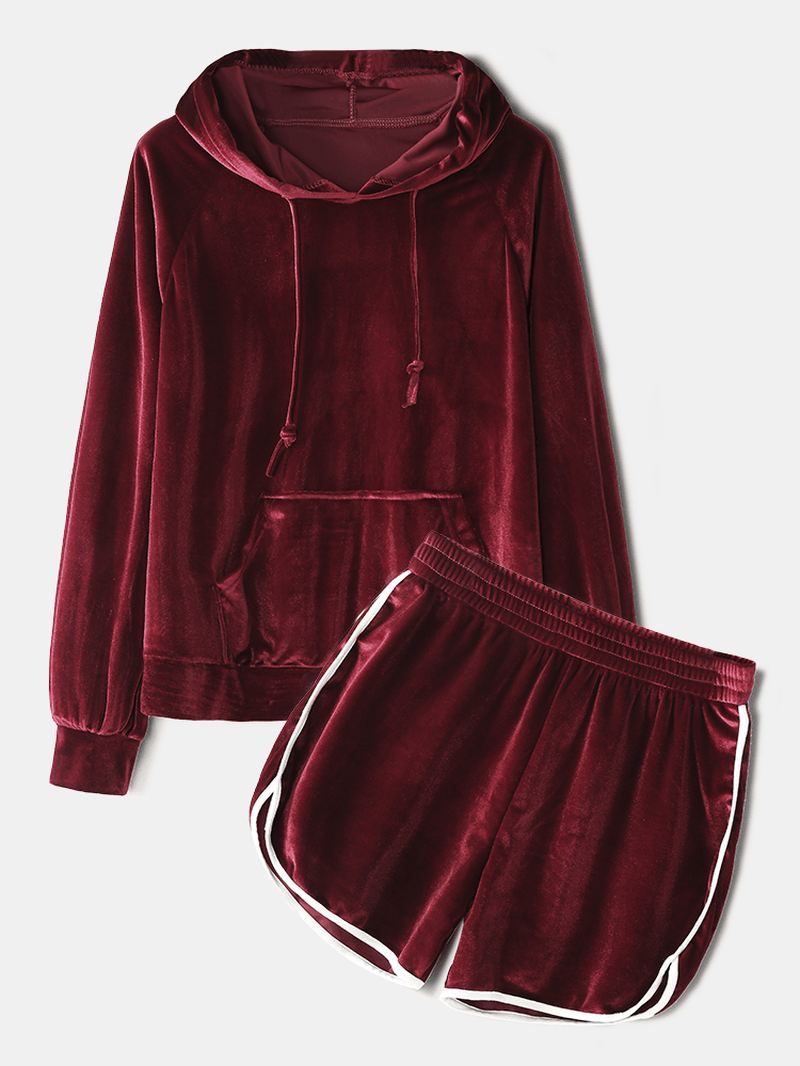 Kvinder Plus Størrelse Massiv Fløjl Kænguru Lomme Hættetrøje Løse Shorts Hjemme Afslappet Pyjamas Sæt