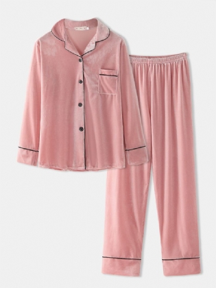 Kvinder Plus Størrelse Velvet Lapel Button Løse Lige Bukser Homewear Lounge Solid Pyjamas Sæt